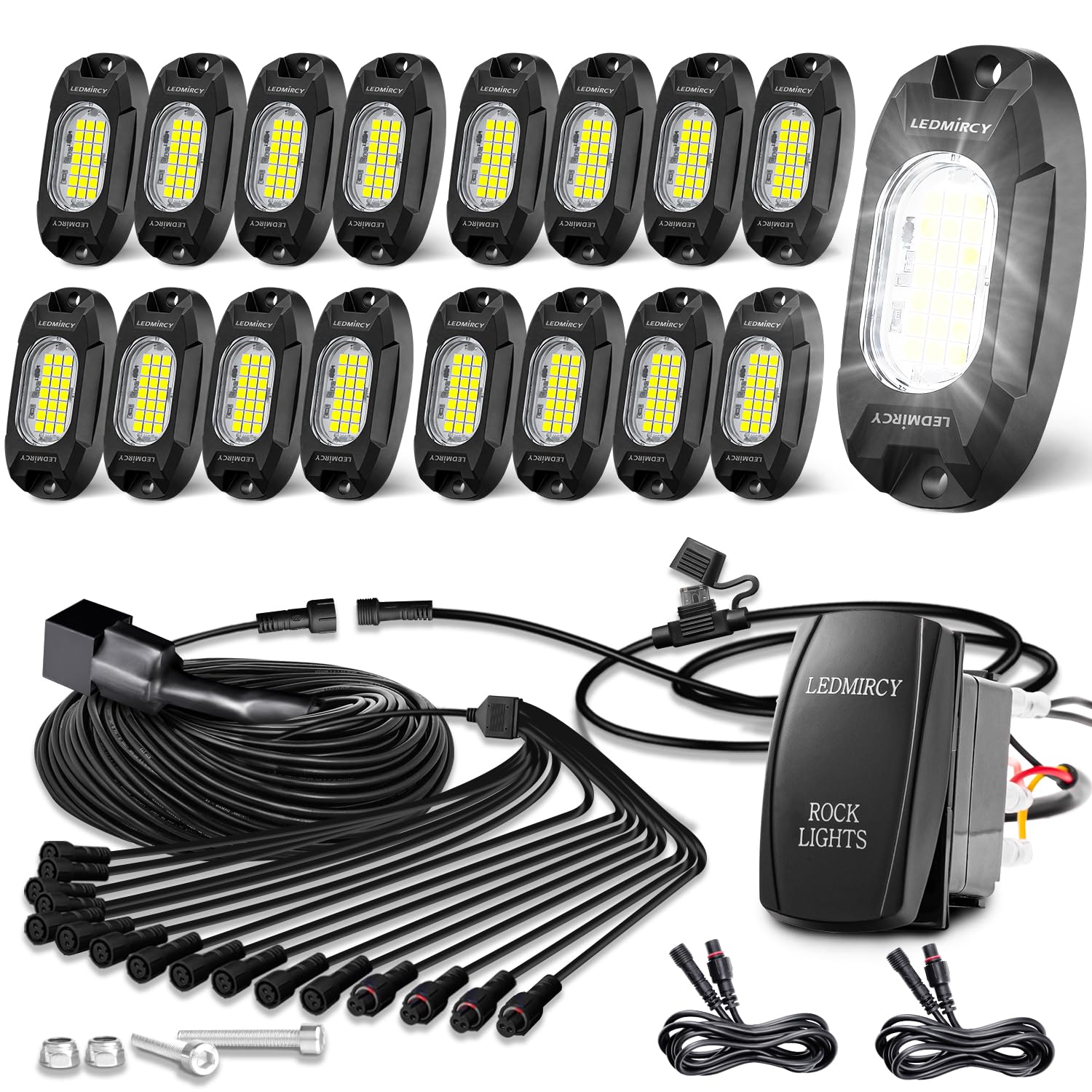 LEDMIRCY front view of 16-piece rock lights kit showing complete package benefits