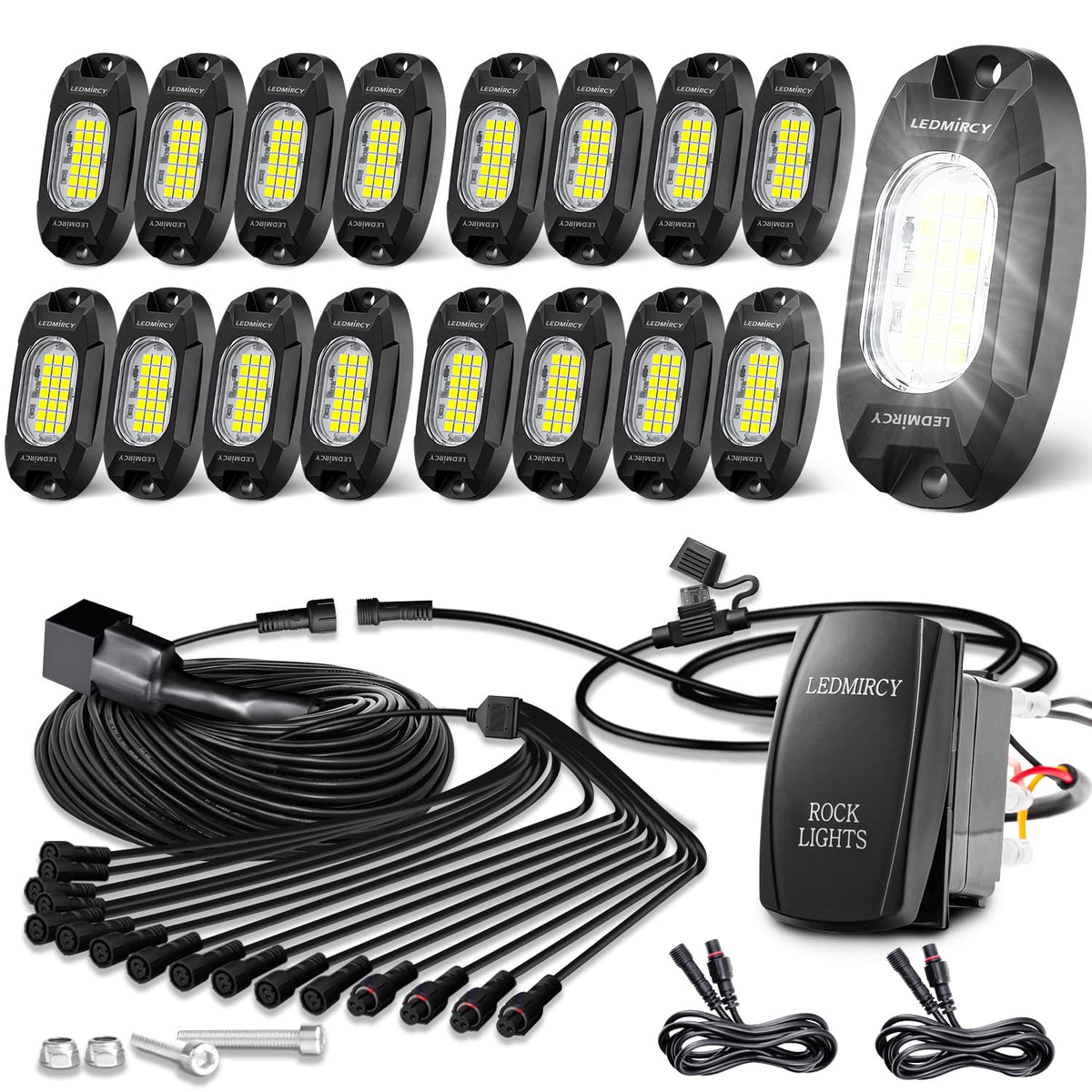 LEDMIRCY front view of 16-piece rock lights kit showing complete package benefits