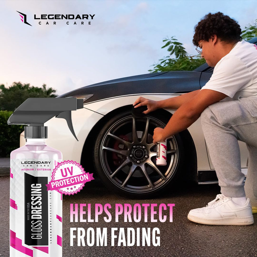 Legendary Car Care trim detail close-up revealing renewed color and non-greasy protective finish