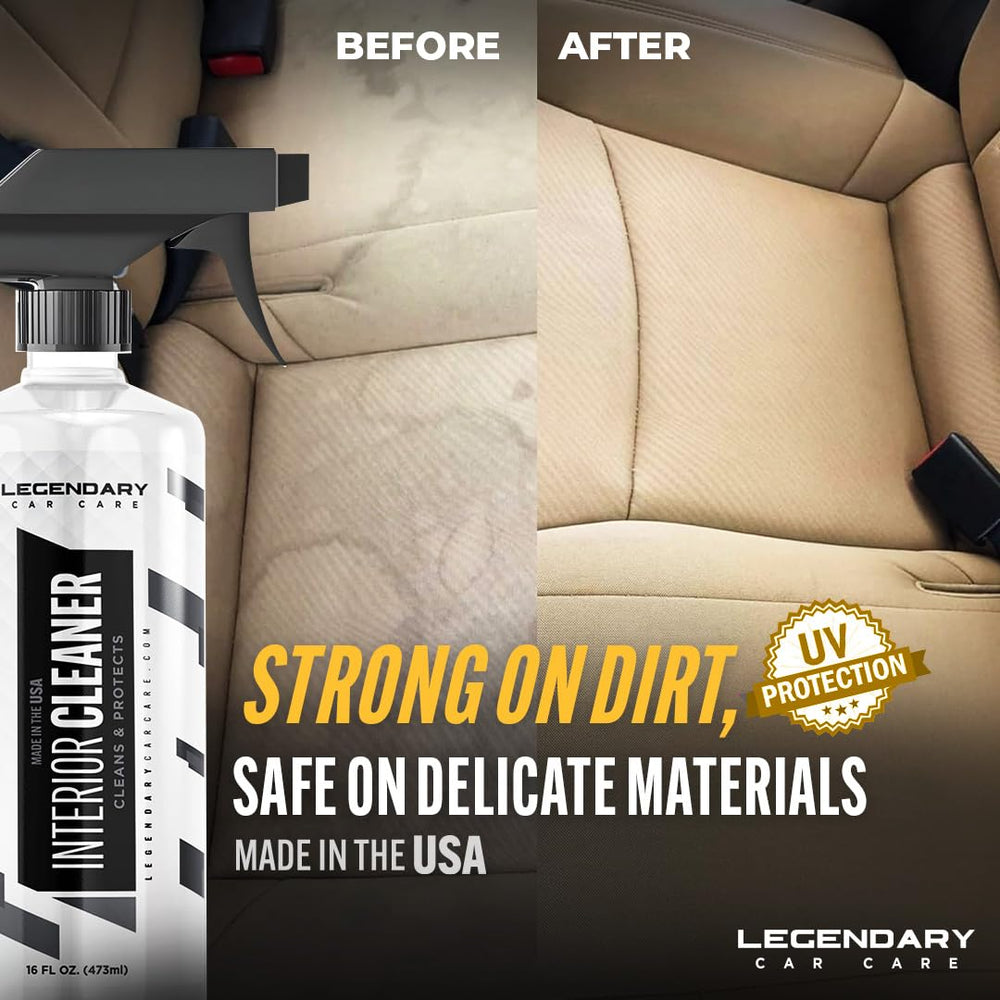 Legendary Car Care dashboard cleaned with UV protection benefit visible