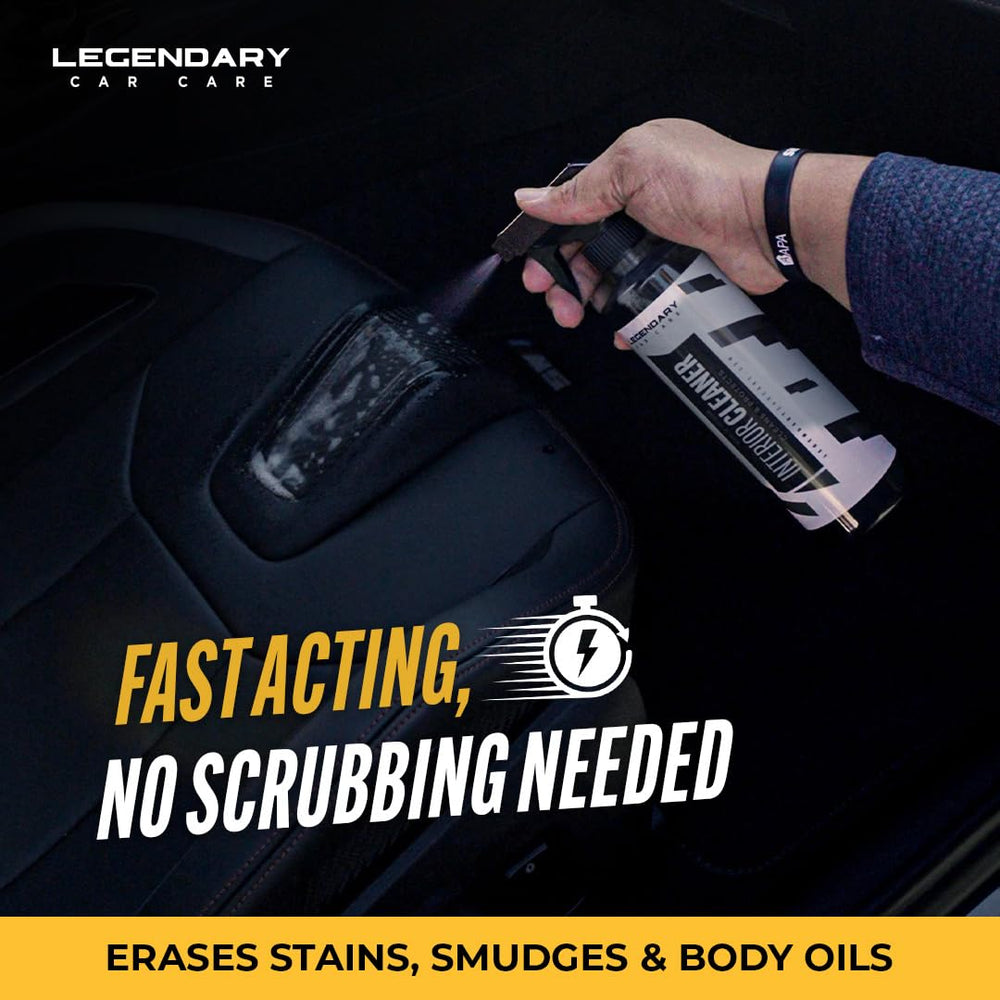 Legendary Car Care spray in action cleaning a dashboard for quick, streak-free results