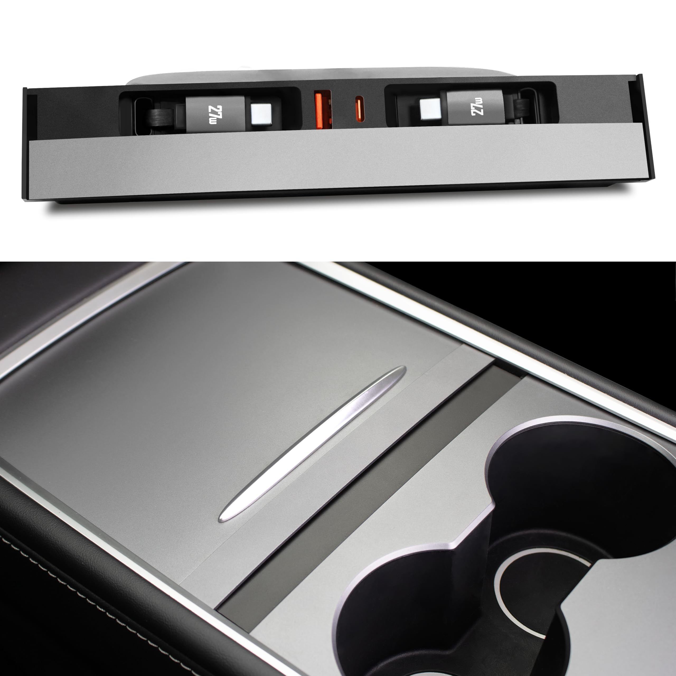 Leikaendi front installed in Tesla console with tidy integration and faster charging