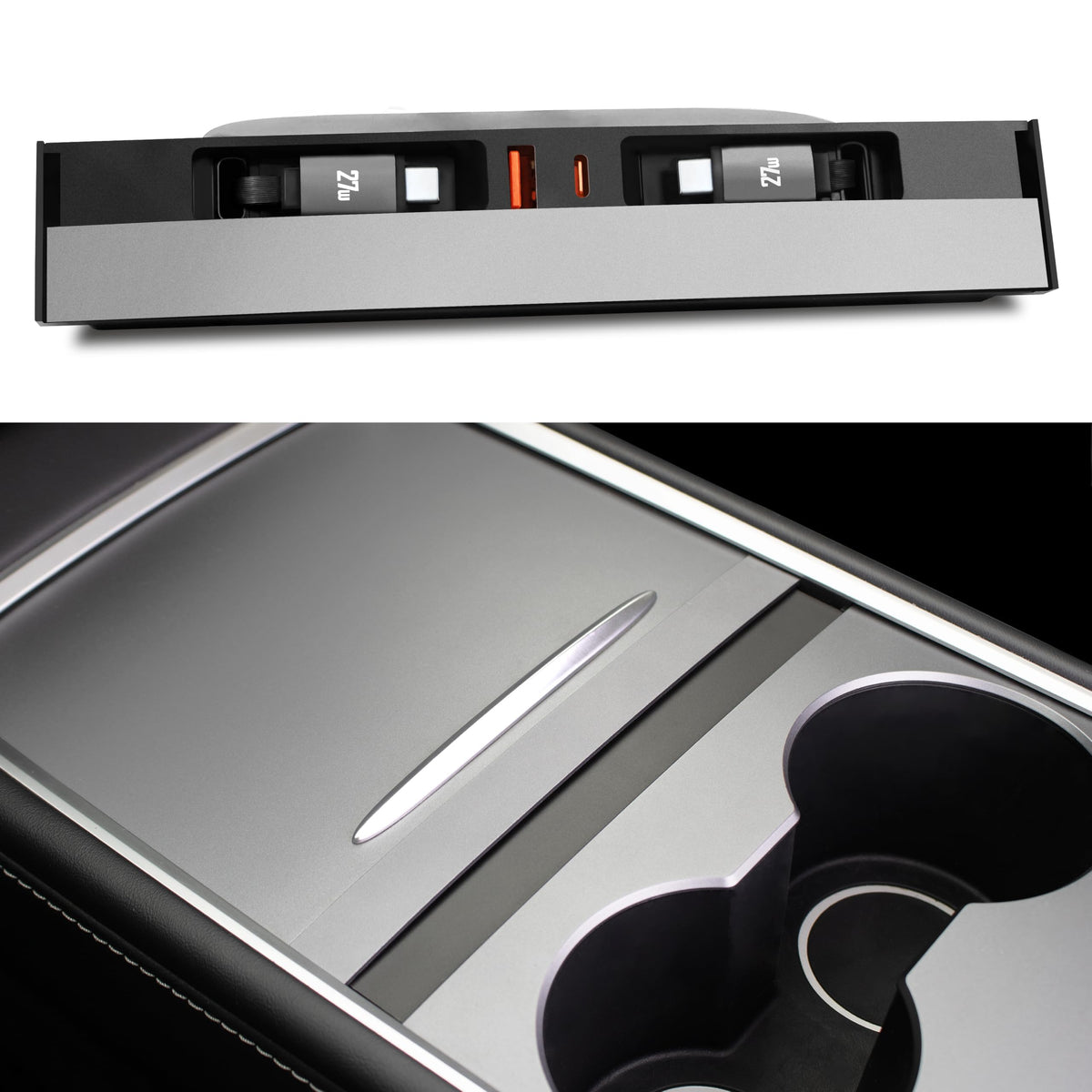 Leikaendi front installed in Tesla console with tidy integration and faster charging