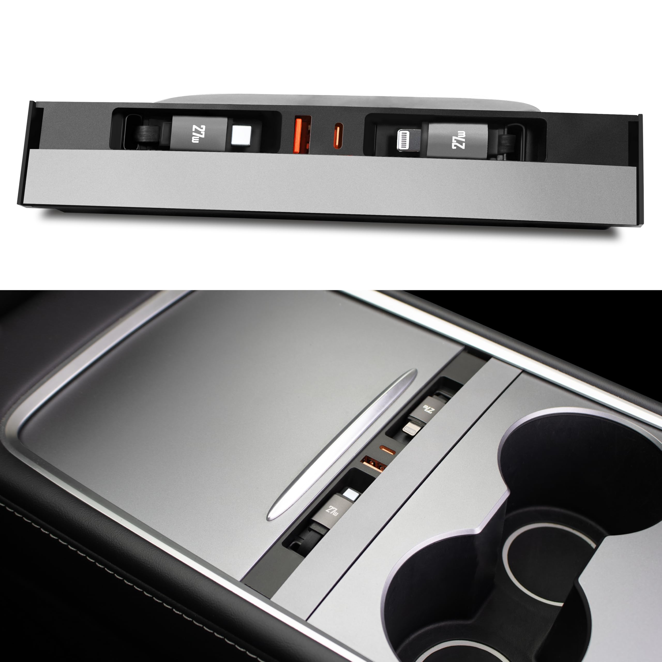 Leikaendi hub front view installed in Tesla centre console showing seamless fit and neat charging