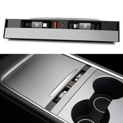 Leikaendi hub front view installed in Tesla centre console showing seamless fit and neat charging