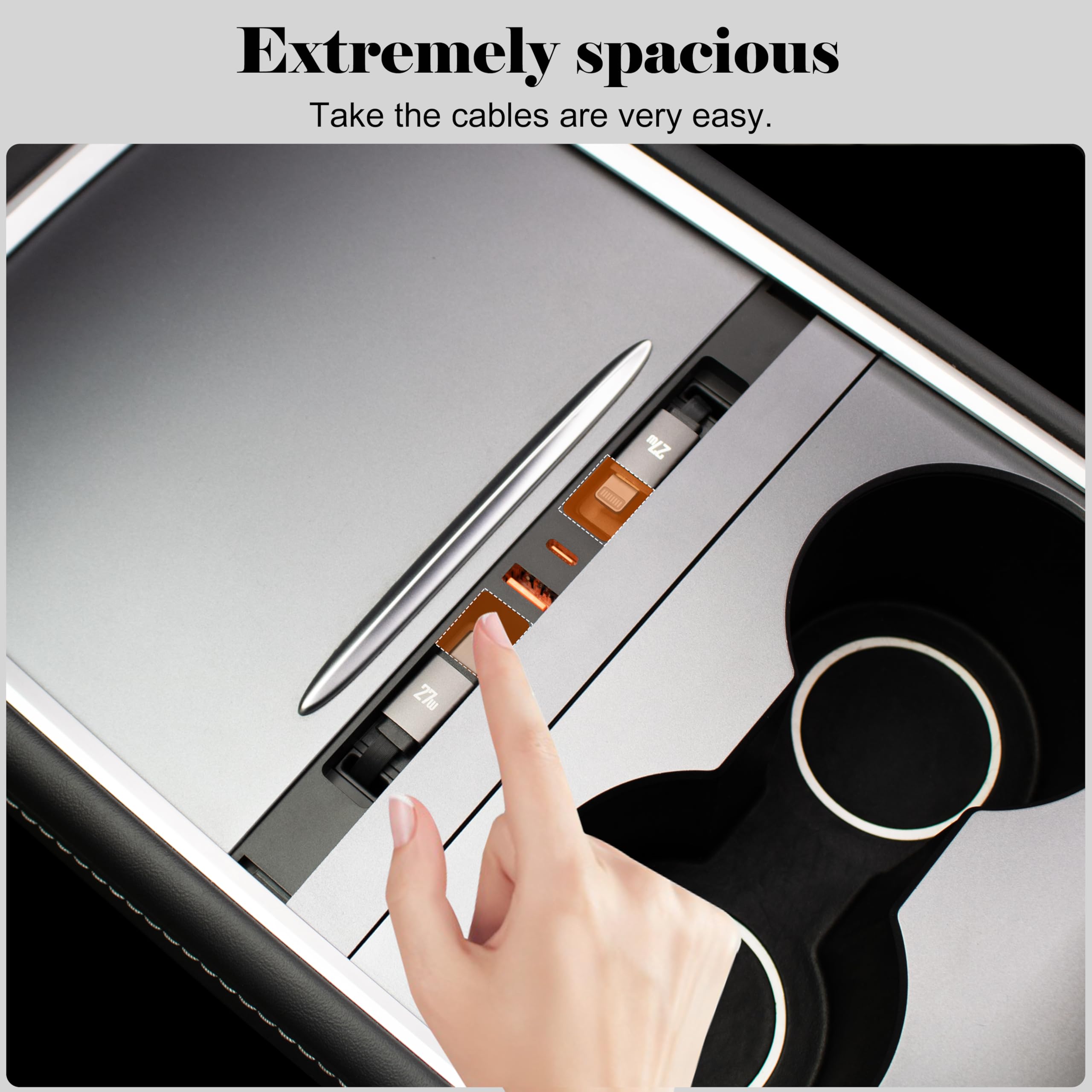 Leikaendi in-car lifestyle shot charging a phone to illustrate tidy interior and easy access