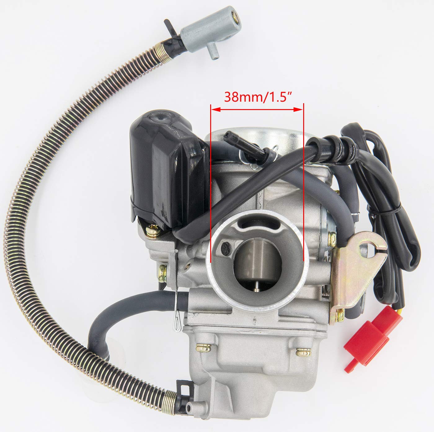 LEIMO KPARTS close-up of 24mm throttle bore for improved airflow control