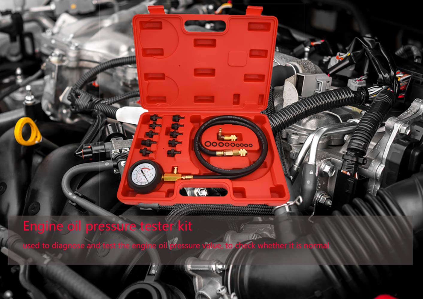 LEIMO KPARTS pressure tester in a garage being used to diagnose engine oil pressure