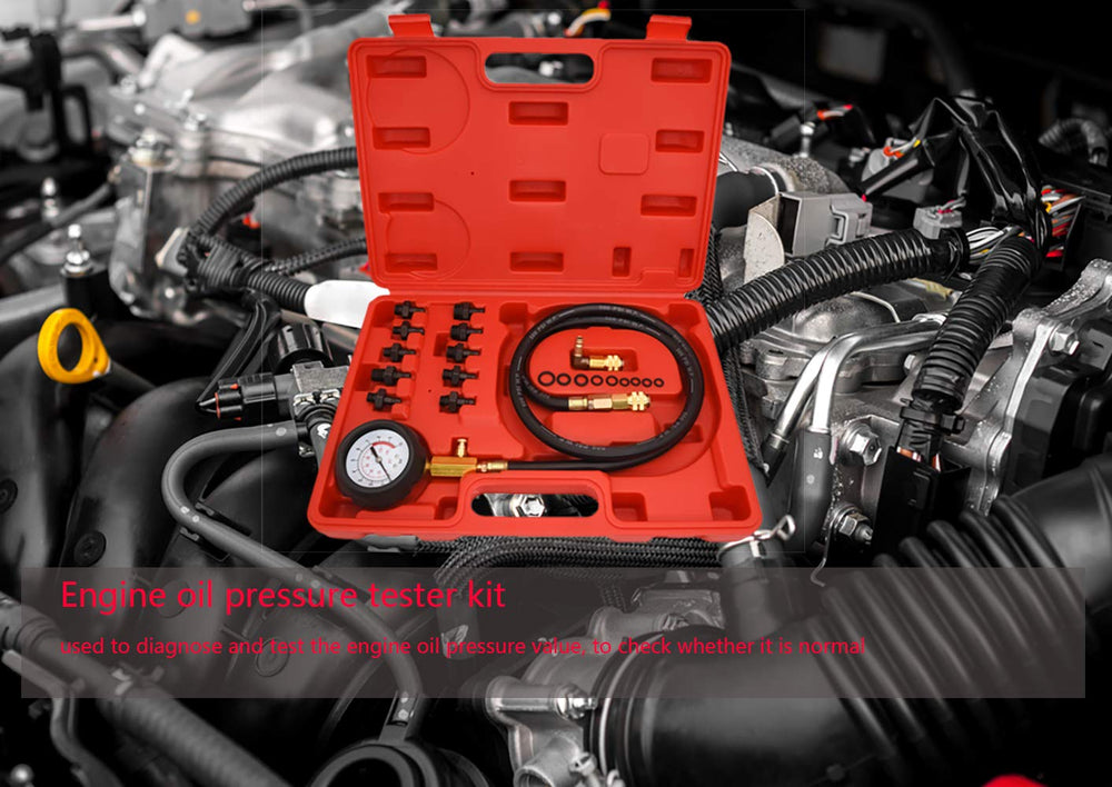 LEIMO KPARTS pressure tester in a garage being used to diagnose engine oil pressure