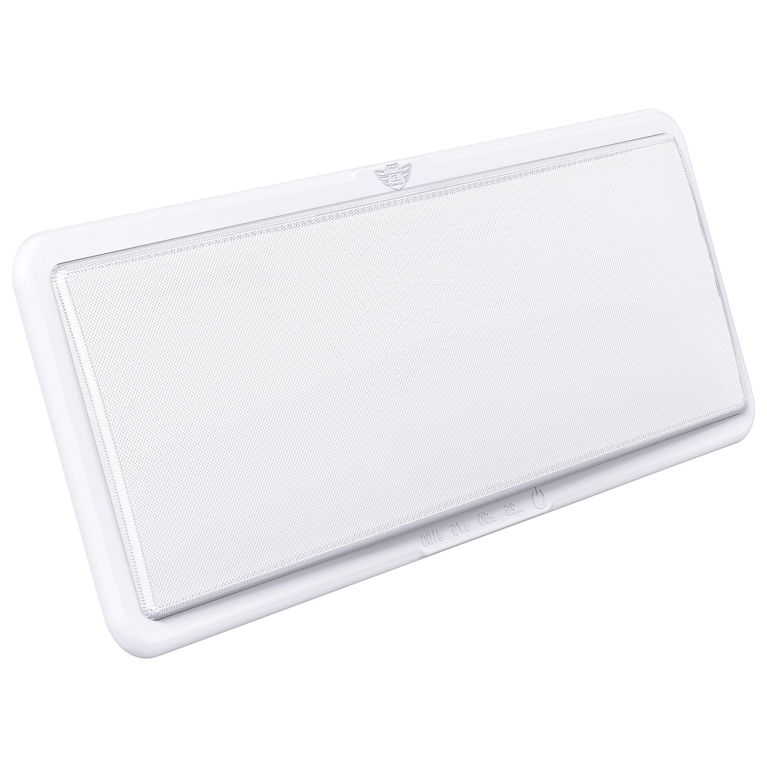 Leisure LED front view of ceiling light showing sleek profile and bright finish