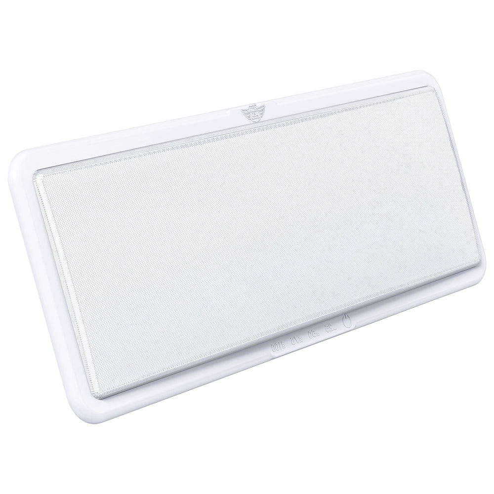 Leisure LED front view of ceiling light showing sleek profile and bright finish