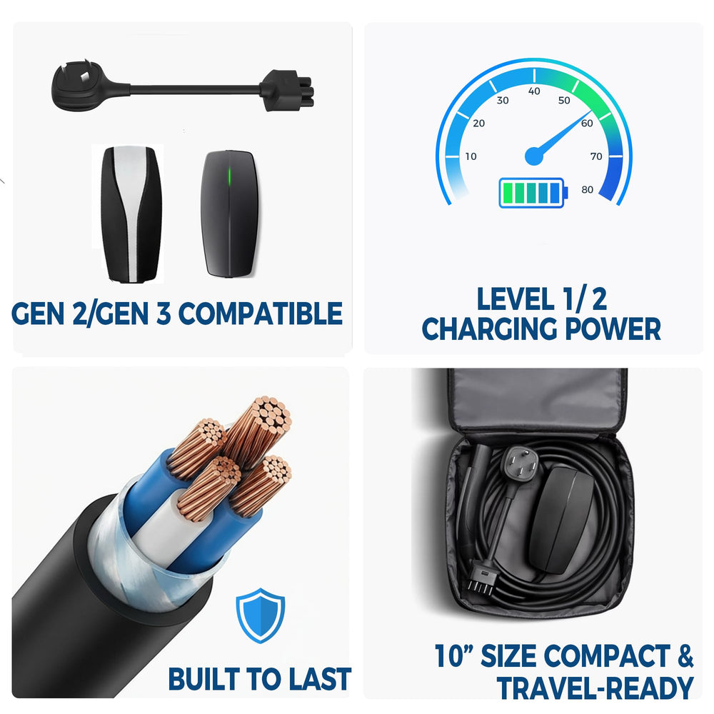 Leisure Stay TT‑30 charging a Tesla at campsite showing on‑the‑road usability