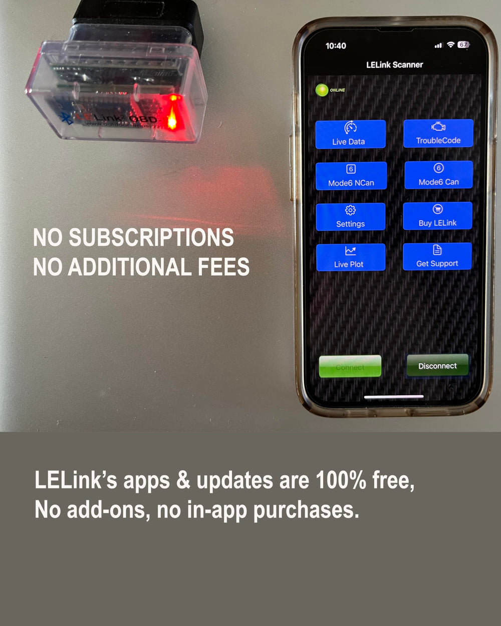 LELink paired with iPhone app displaying live engine parameters