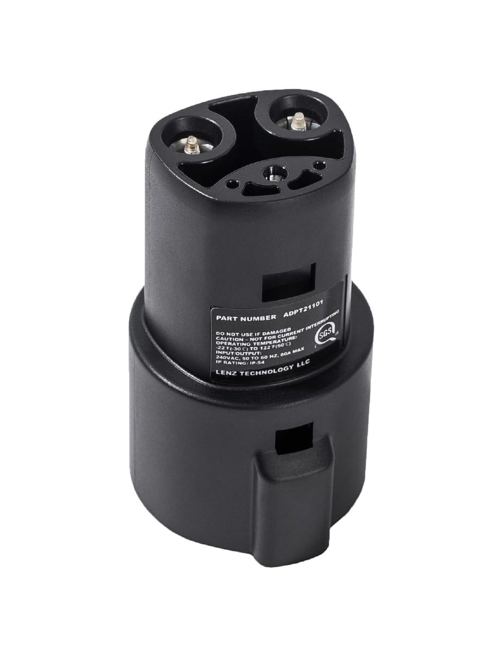LENZ adapter front view showing NACS connector and durable housing benefit portability