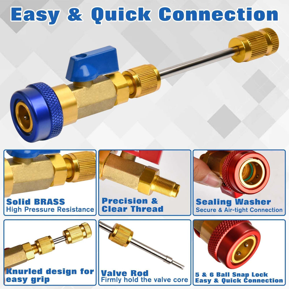 LEONTOOL tool attached to car A/C port demonstrating leak-minimizing operation