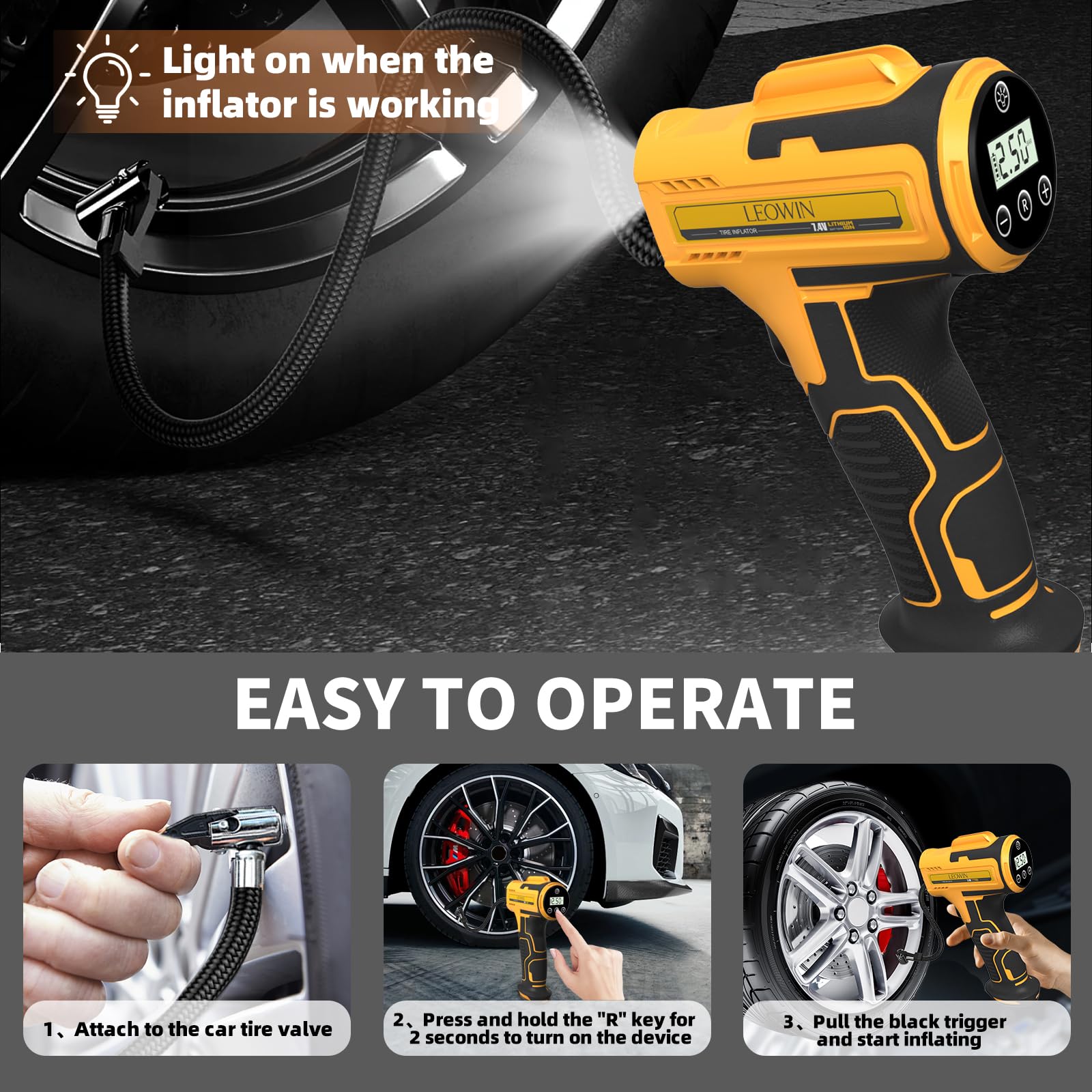 leowin inflator accessories and packaging displayed with adapters for versatility