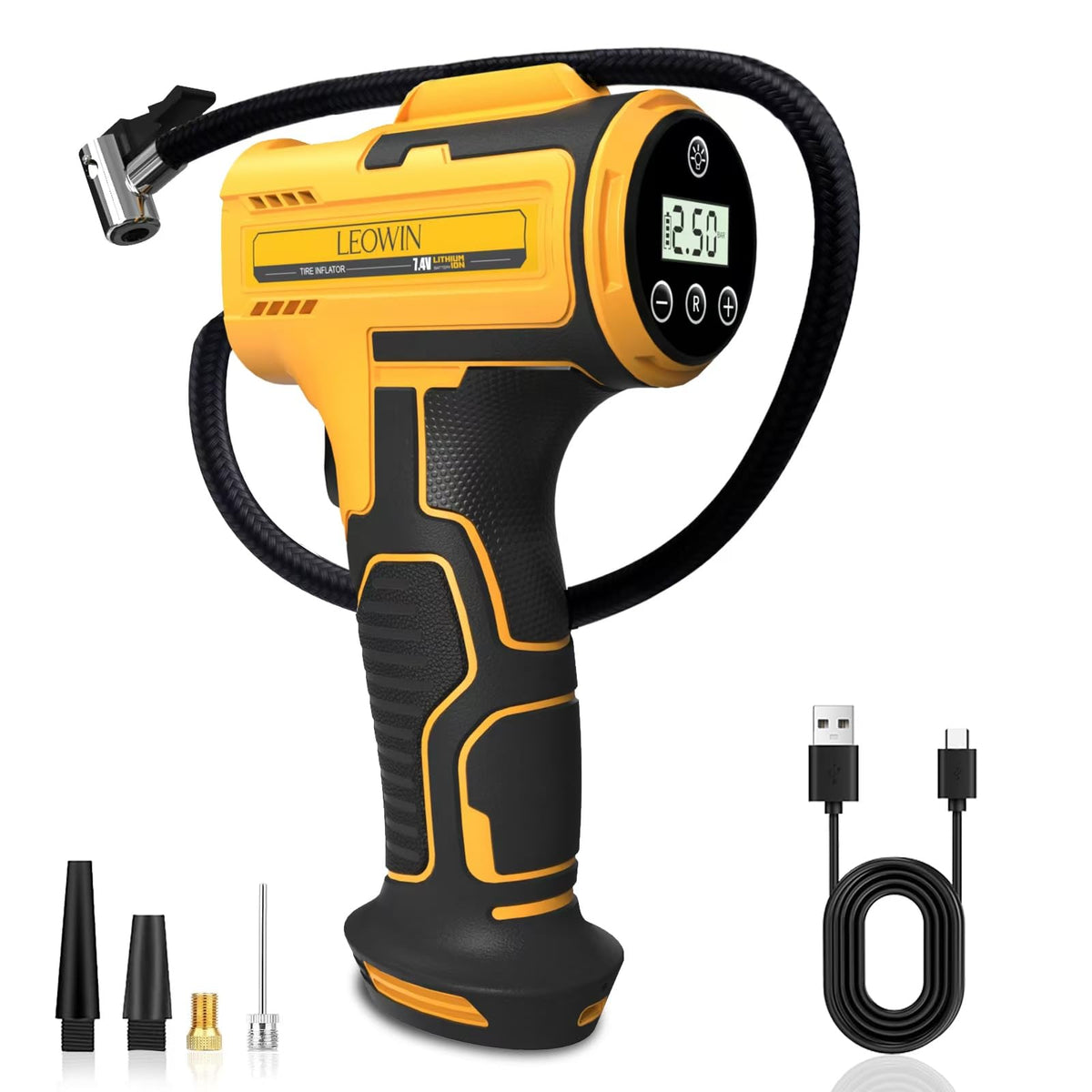 leowin inflator front view showing compact body and digital display for easy storage