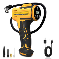leowin inflator front view showing compact body and digital display for easy storage