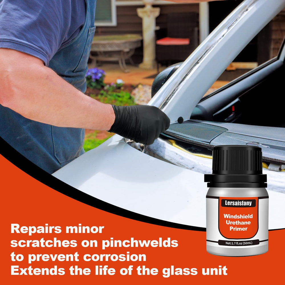 LERSAISFANY primer applied to windshield edge showing clean wetting and prep for urethane