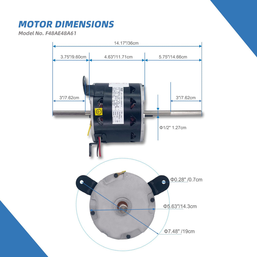 LEUNGOO motor beside tape measure showing 5-5/8 inch diameter for correct replacement fit