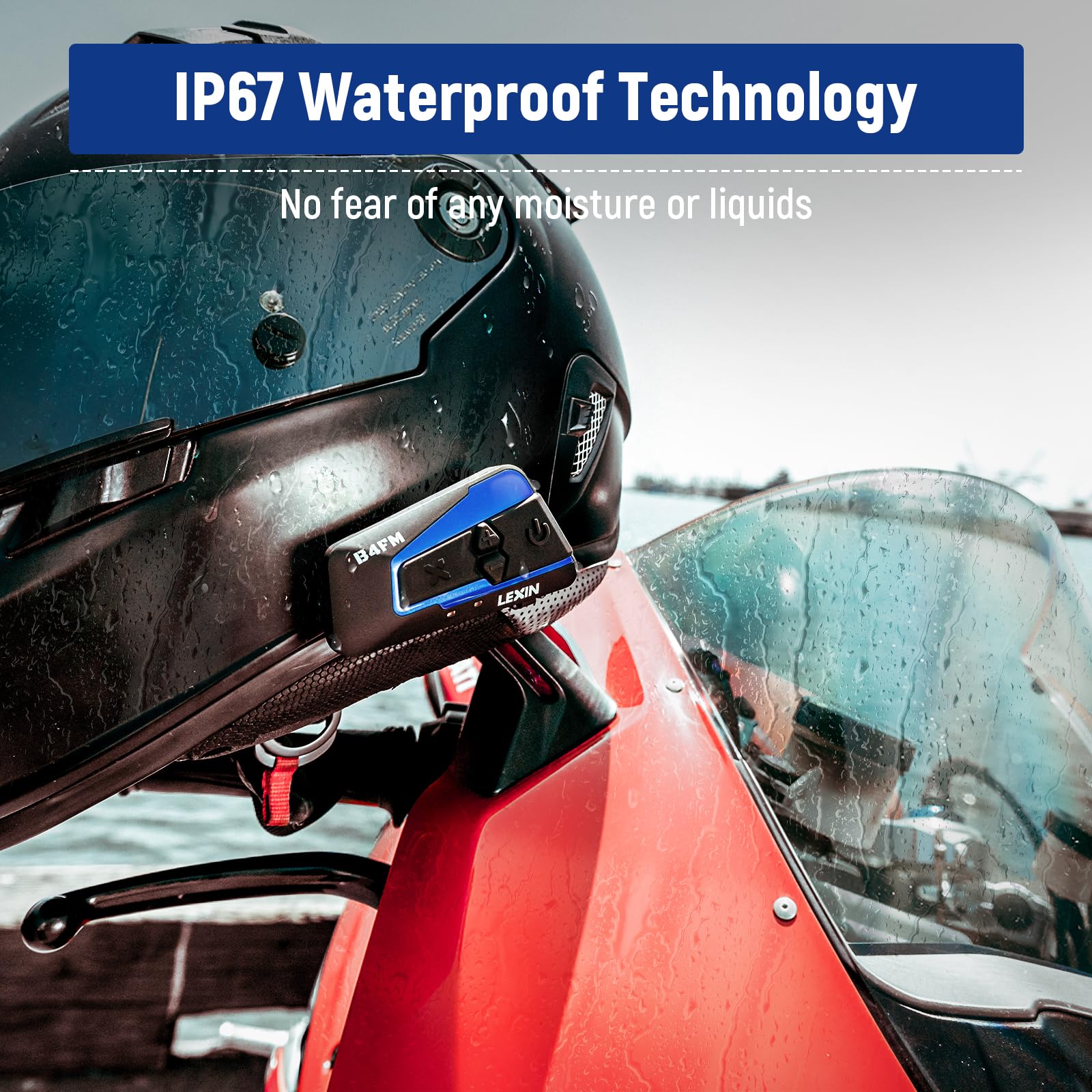 LEXIN B4FM sealed ports demonstrating IP67 waterproof protection