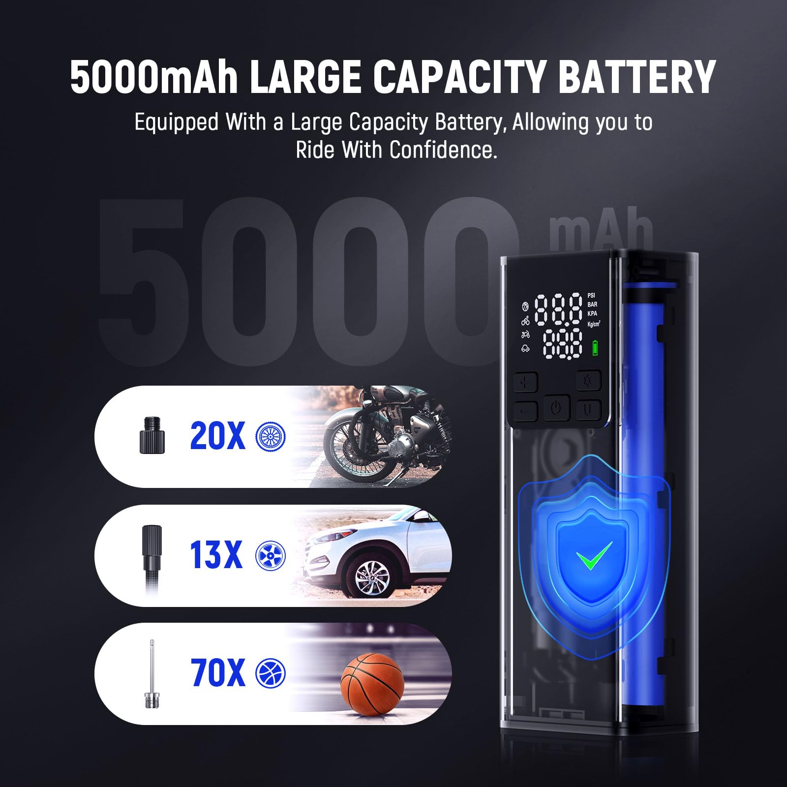 LEXIN P5 stowed in a motorcycle tail bag for convenient travel-ready inflation