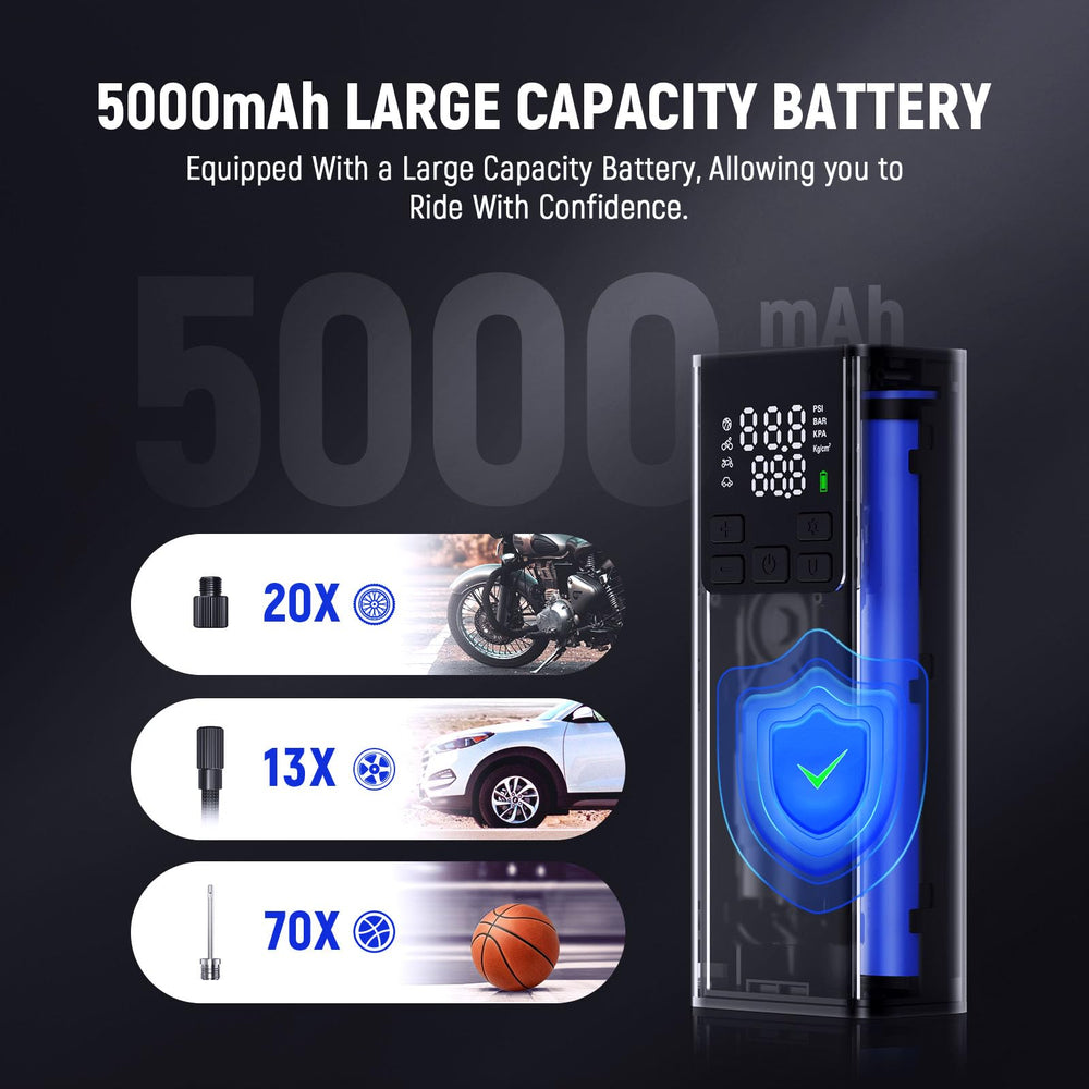 LEXIN P5 stowed in a motorcycle tail bag for convenient travel-ready inflation