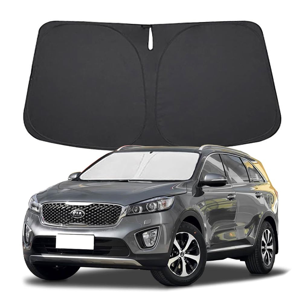 Lezcoan front view of sun shade fitted for Kia Sorento showing precise fit and protection