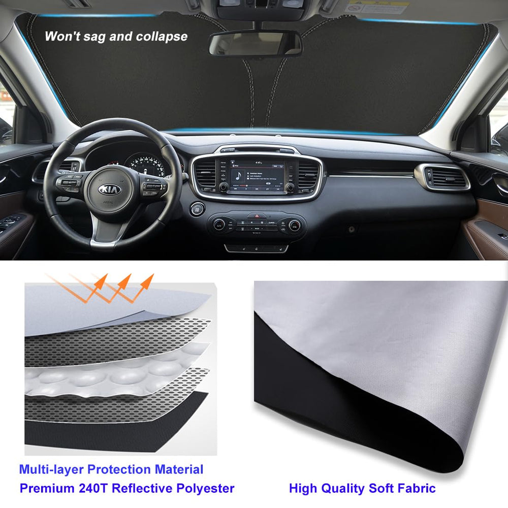 Lezcoan shade installed in a Kia Sorento windshield demonstrating instant sun-blocking benefit