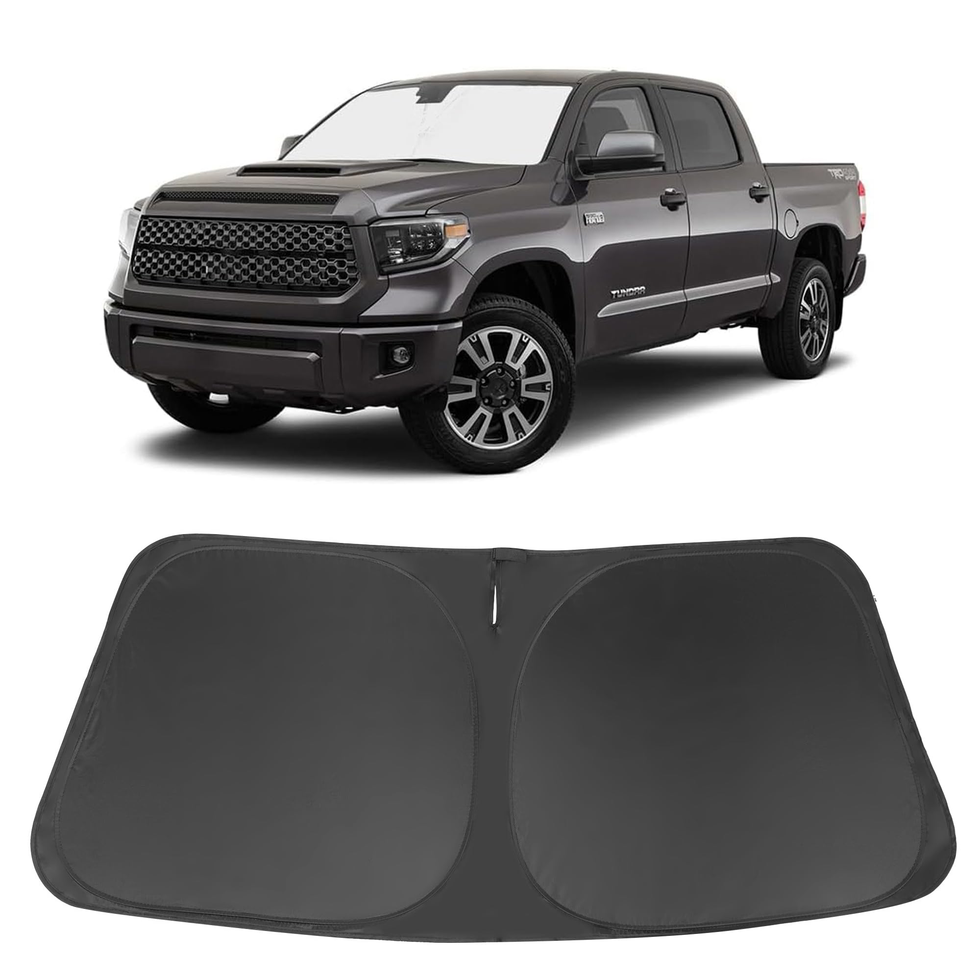 LHFLIVE front view of sun shade packaging showing fit for Tundra