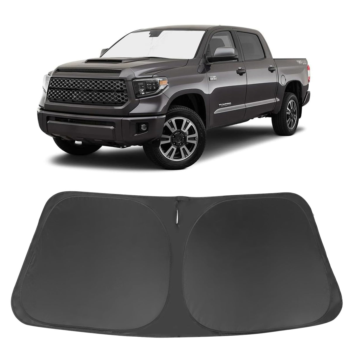 LHFLIVE front view of sun shade packaging showing fit for Tundra