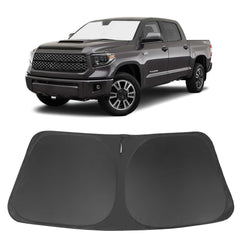 LHFLIVE front view of sun shade packaging showing fit for Tundra