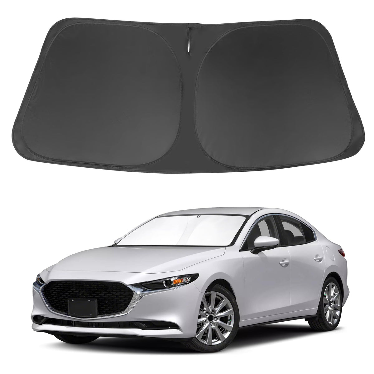 LHFLIVE front view of sun shade fitted in Mazda 3 windshield showing full coverage and cooling benefit