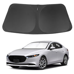 LHFLIVE front view of sun shade fitted in Mazda 3 windshield showing full coverage and cooling benefit