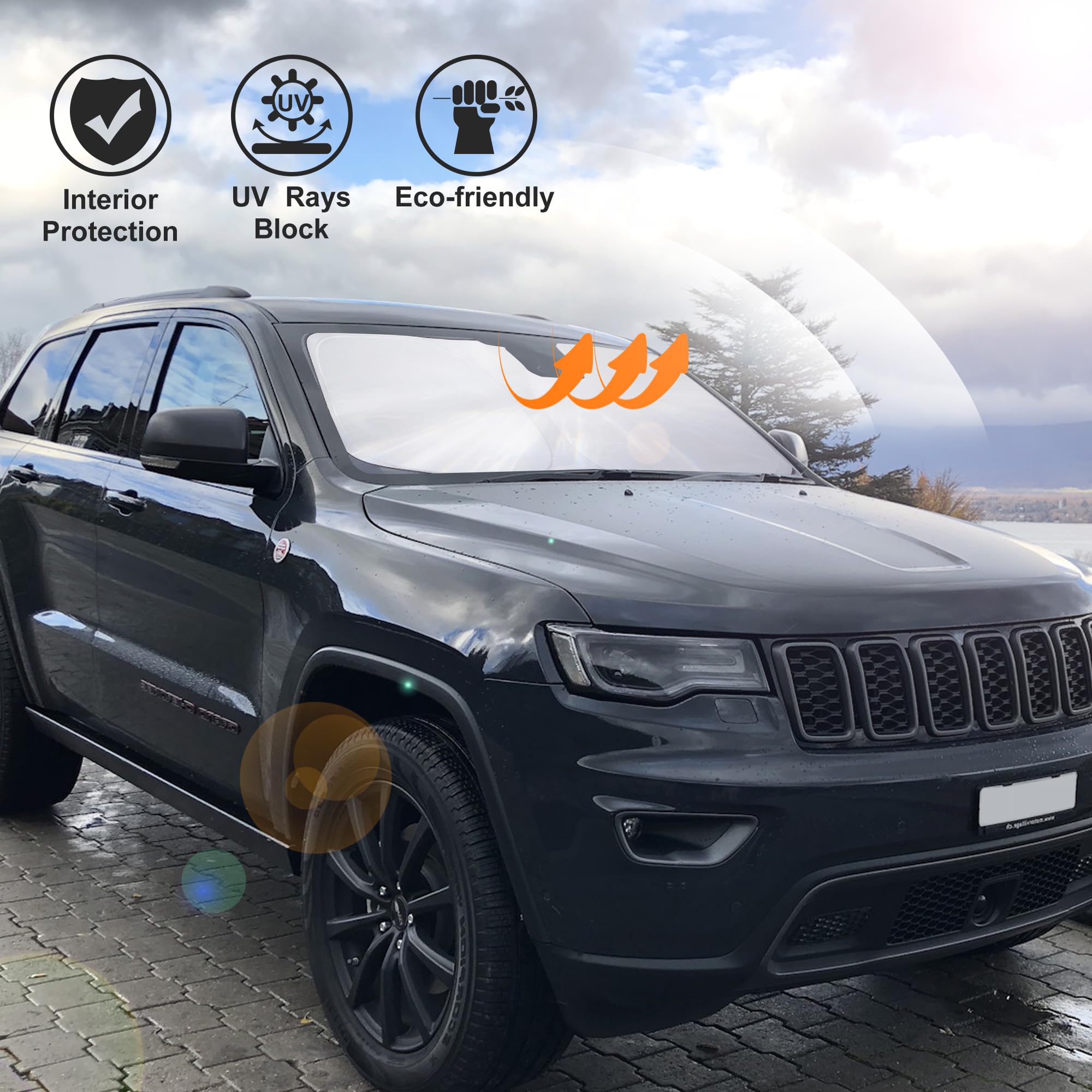 LHFLIVE lifestyle shot of parked Grand Cherokee with shade protecting interior