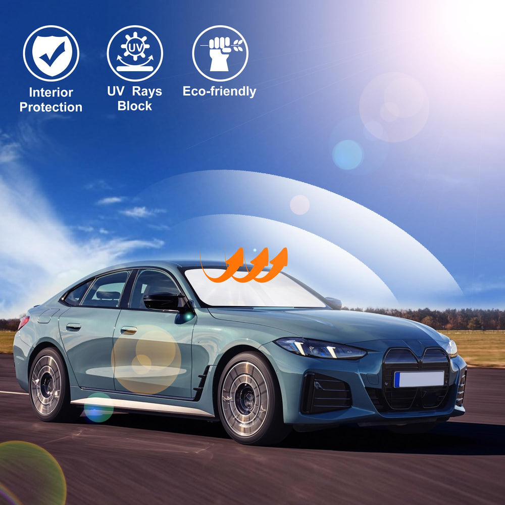 LHFLIVE lifestyle image of parked BMW i4 M50 with shade showing interior protection benefit