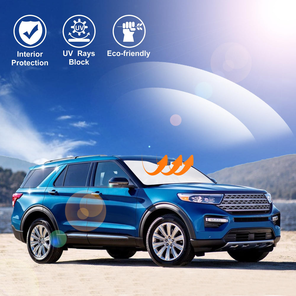 LHFLIVE lifestyle image of parked Explorer using shade to keep interior cool