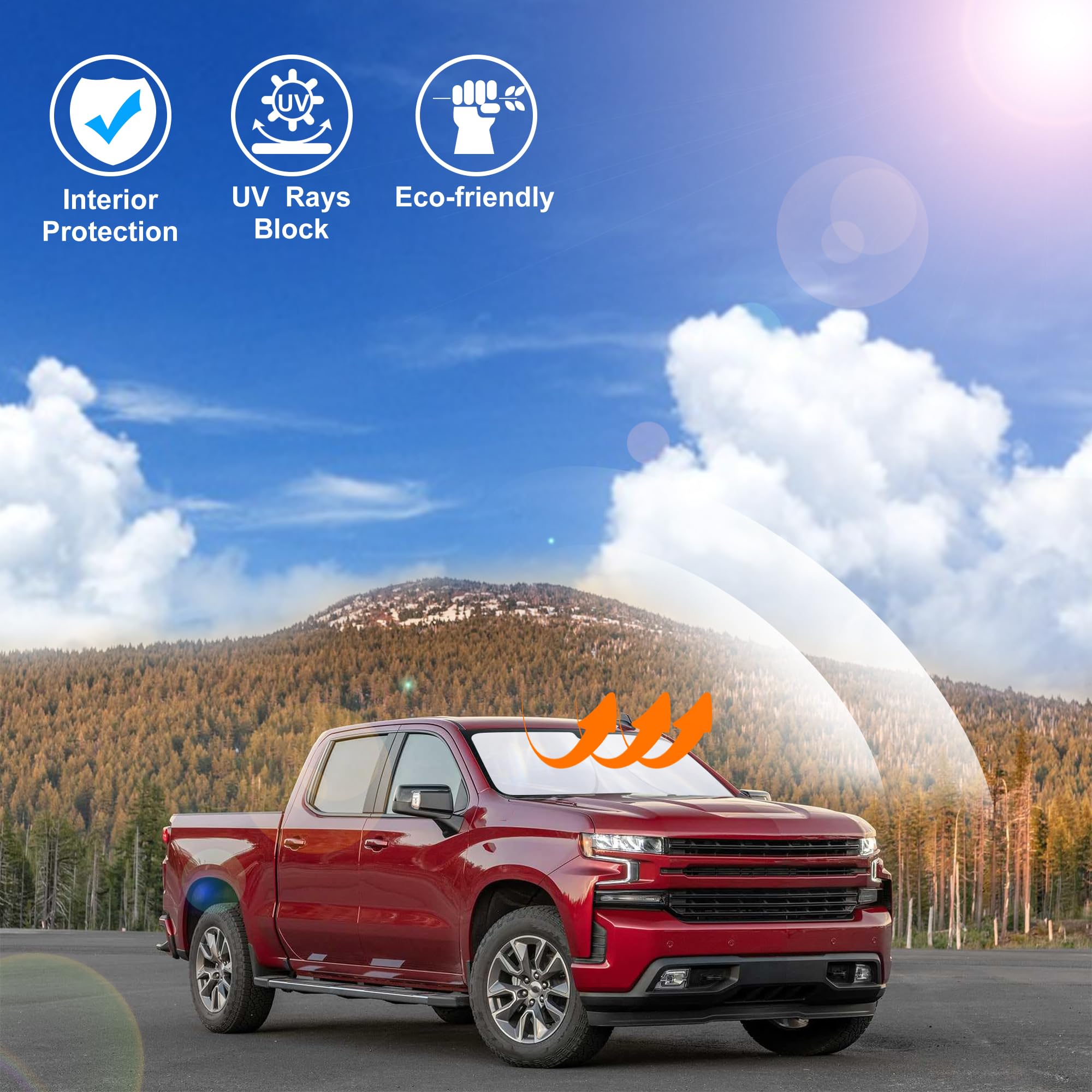 LHFLIVE lifestyle shot of parked Silverado with shade installed, improving cabin comfort