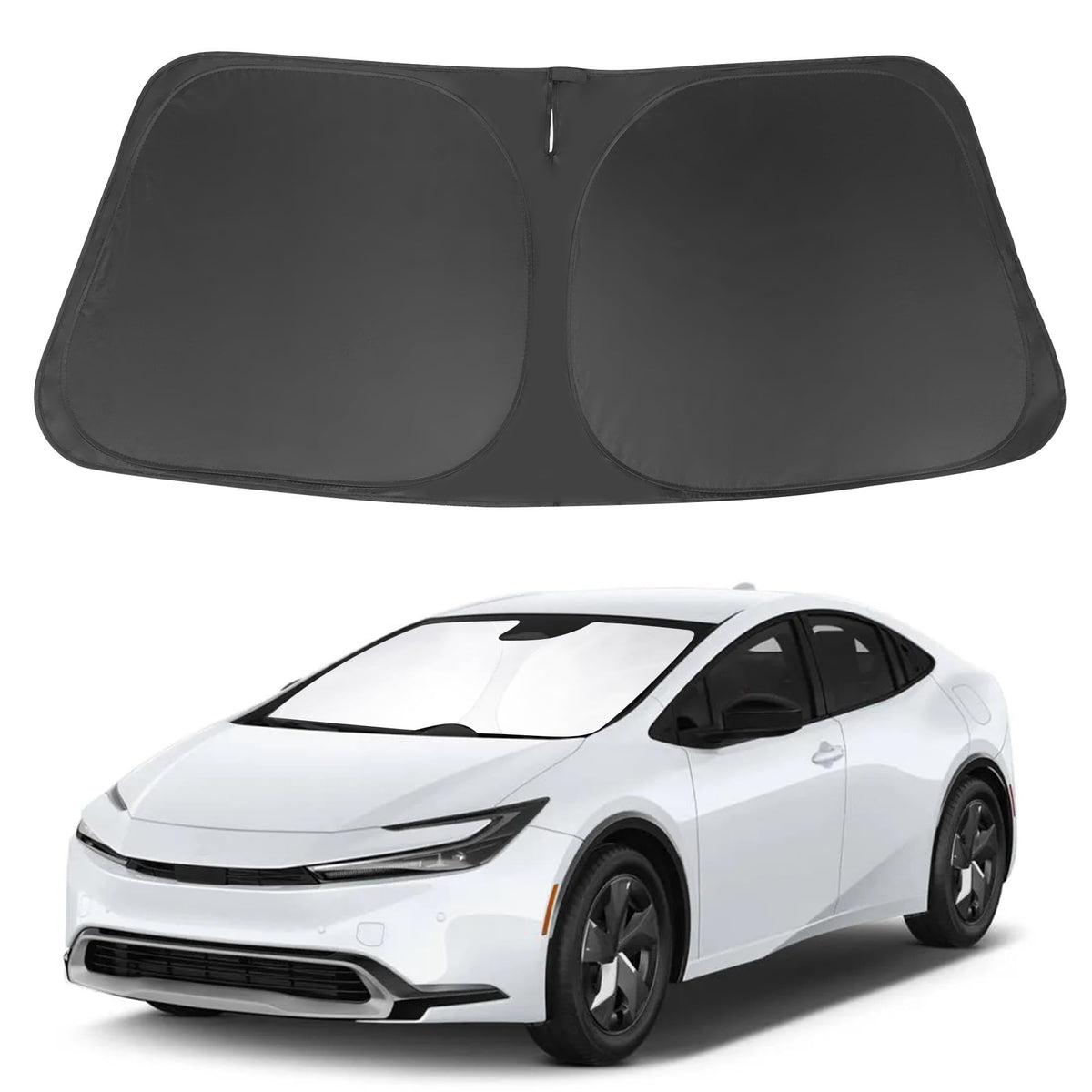 LHFLIVE front view showing custom-fit Prius windshield shade protecting interior
