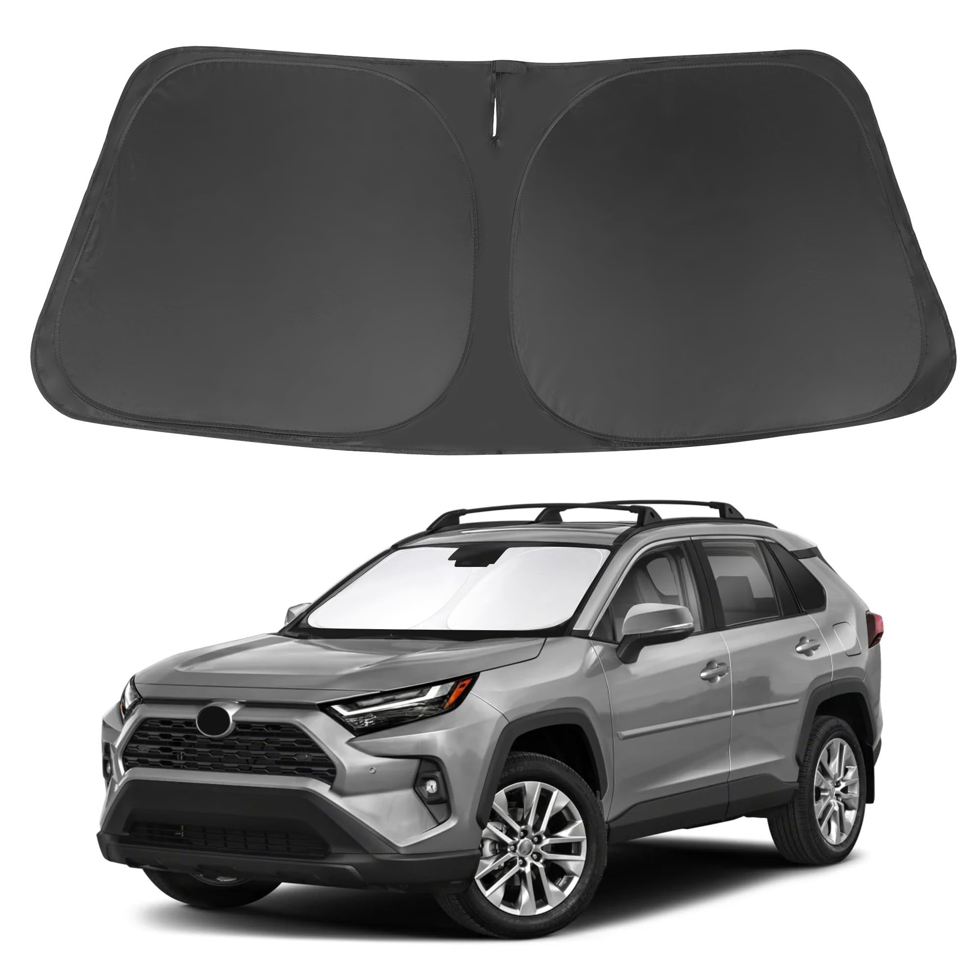 LHFLIVE front packaging showing custom-fit RAV4 shade protecting windshield