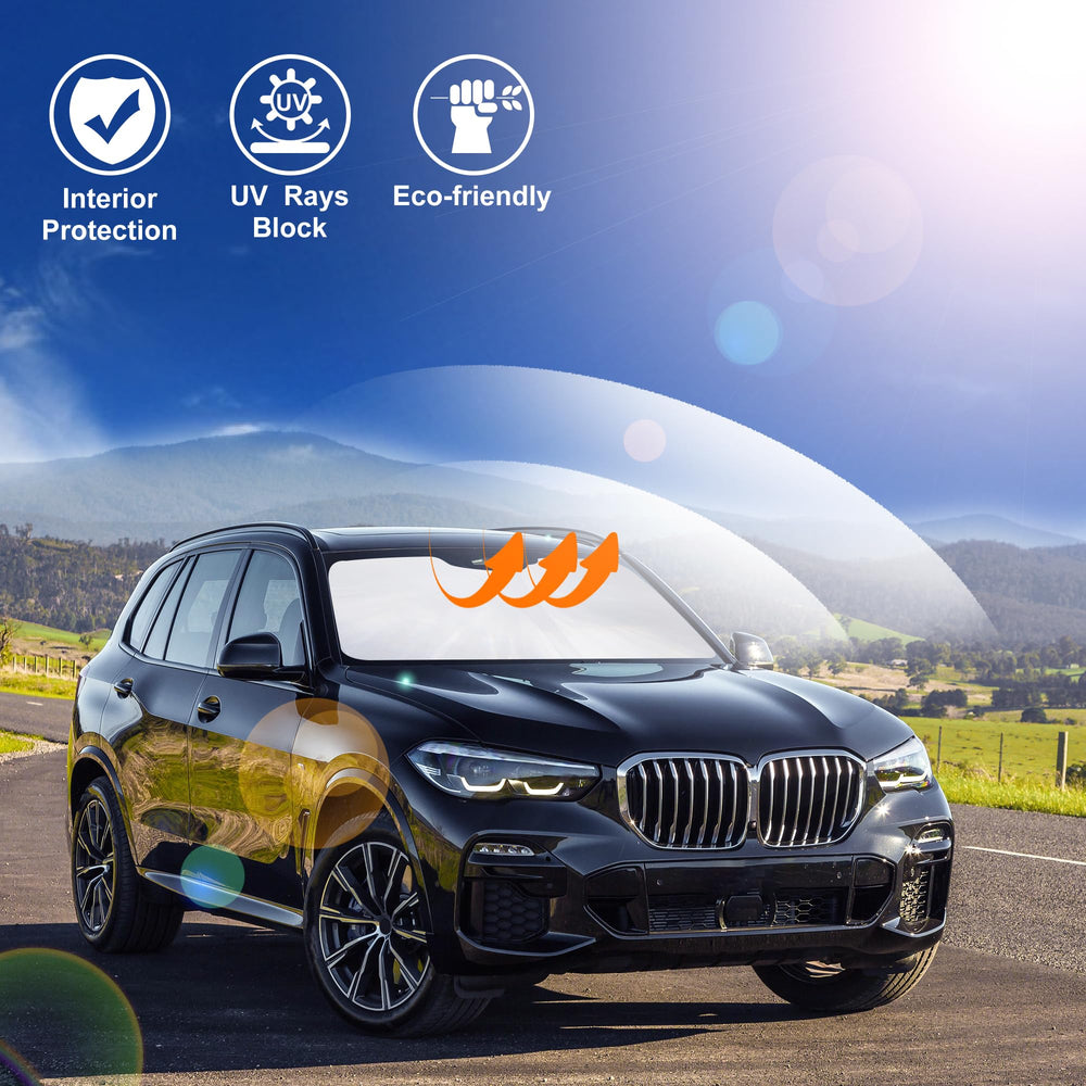 LHFLIVE lifestyle shot of parked BMW X5 using shade to protect interior