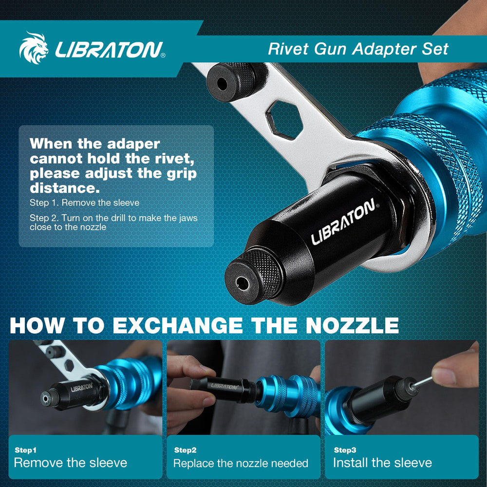 LIBRATON adapter attached to cordless drill for fast conversion and efficient riveting