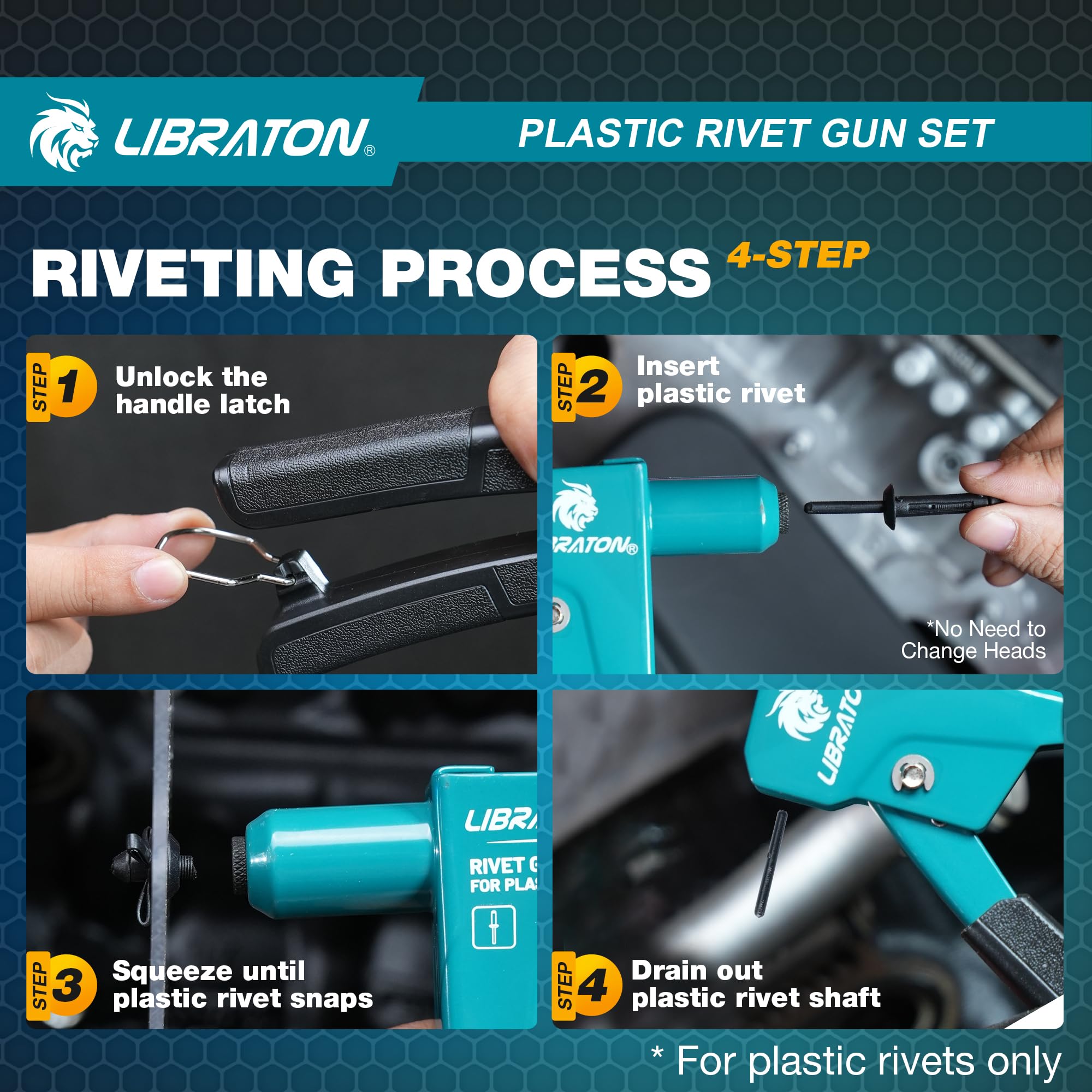 LIBRATON assortment of nylon rivets sorted by size for quick selection on jobs
