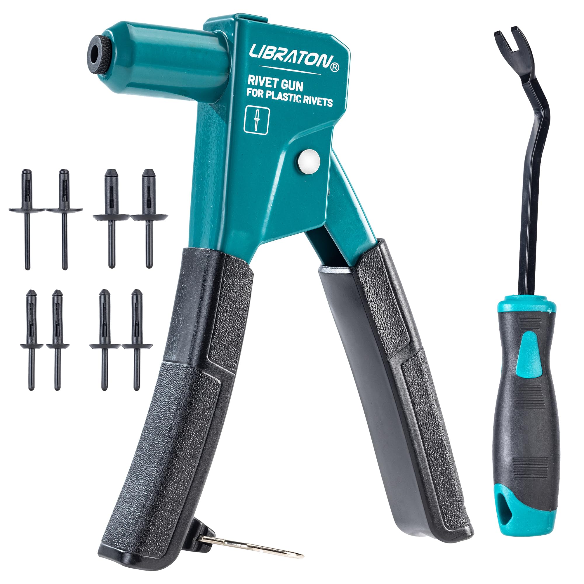 LIBRATON rivet gun front profile showing compact 90° head and lightweight benefit