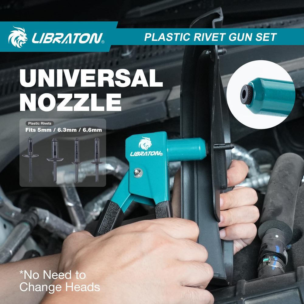LIBRATON rivet gun under a fender showing how the angled head prevents scratches