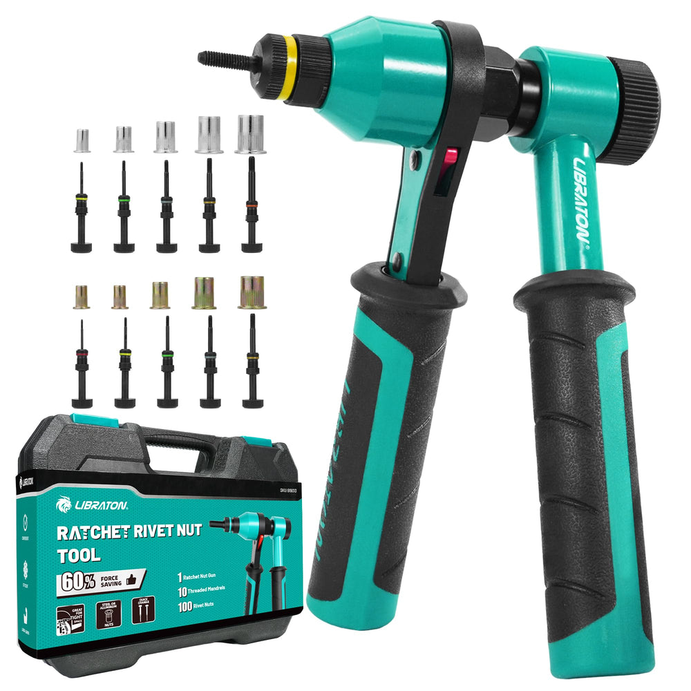 LIBRATON front view of rivet nut tool showing full tool and benefits ergonomic control