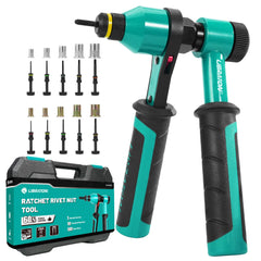 LIBRATON front view of rivet nut tool showing full tool and benefits ergonomic control