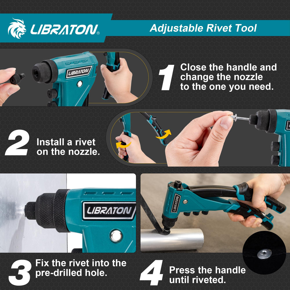 LIBRATON rivets and sizes display supplying 40 rivets per nozzle