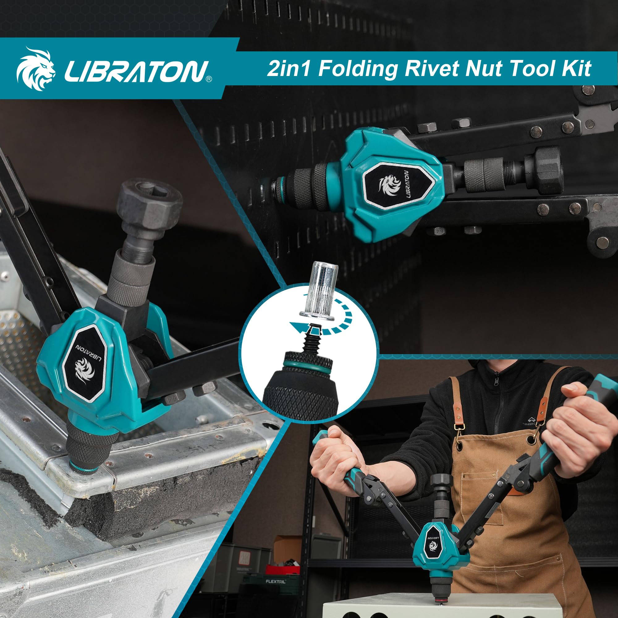 LIBRATON tool installing rivet nut on an auto panel demonstrating practical use