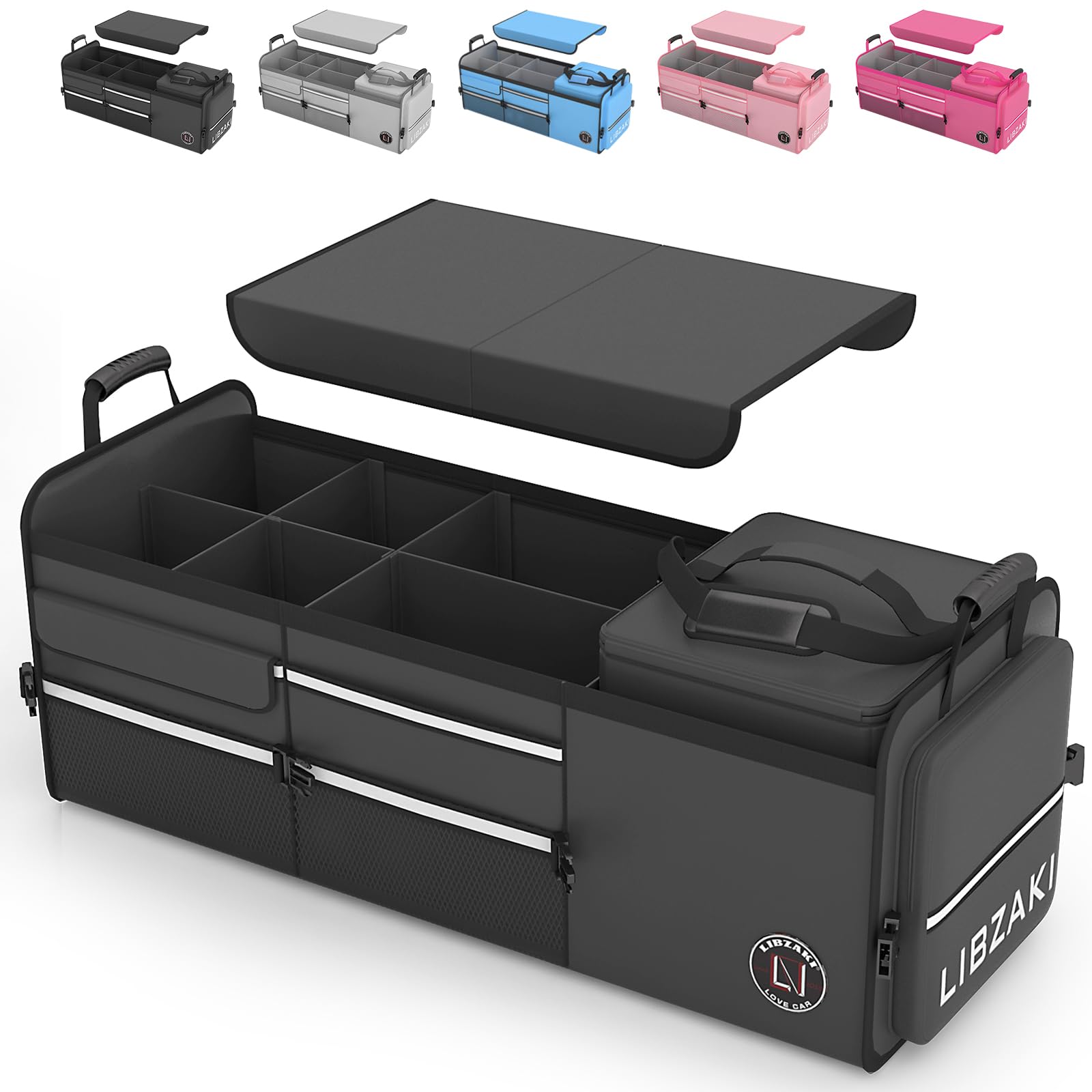 LI LIBZAKI front view of trunk organizer showing large capacity and neat packing benefit